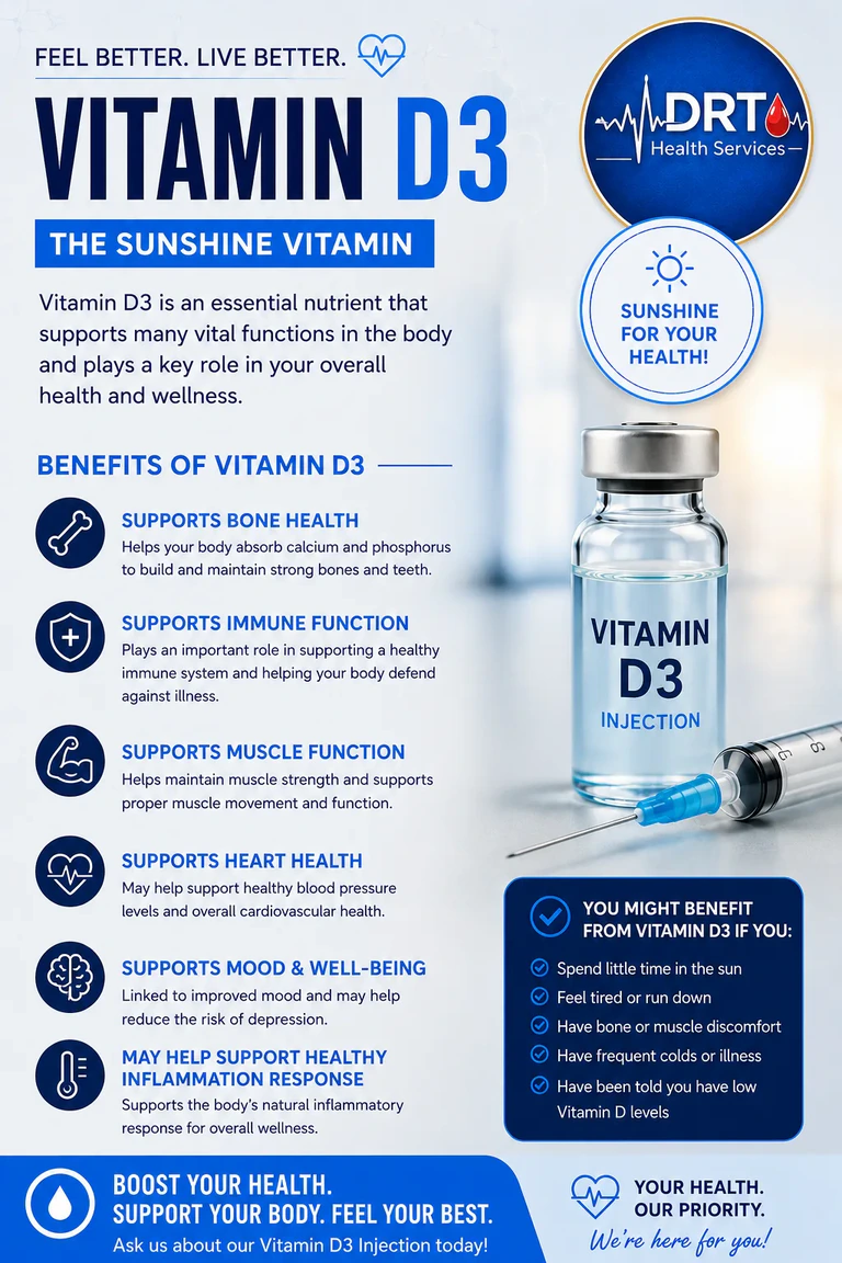 Promotional graphic for vitamin D3 injection service