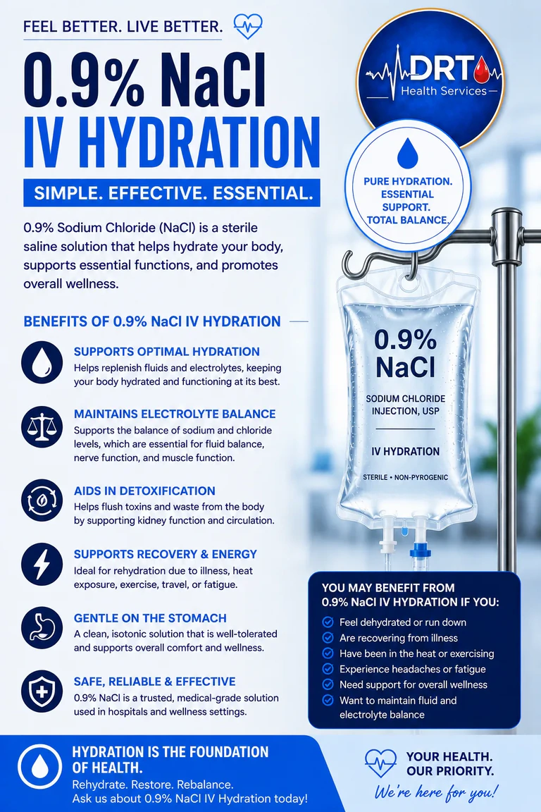 Promotional graphic for 0.9% NaCl IV hydration infusion