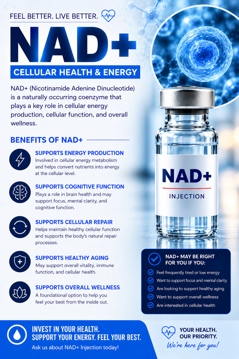 DRT Health NAD+ informational graphic with an illustrated vial